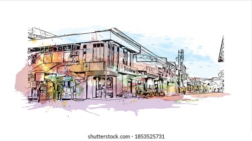 Building view with landmark of Bayawan is a city of Philippines. Watercolor splash with hand drawn sketch illustration in vector.