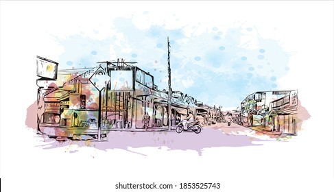 Building view with landmark of Bayawan is a city of Philippines. Watercolor splash with hand drawn sketch illustration in vector.