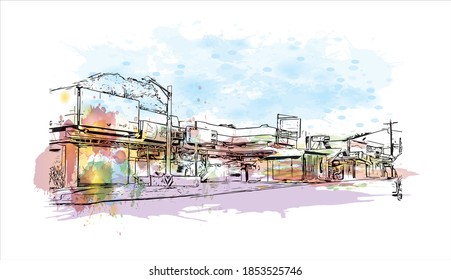 Building view with landmark of Bayawan is a city of Philippines. Watercolor splash with hand drawn sketch illustration in vector.