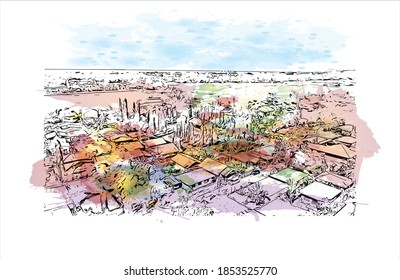 Building view with landmark of Bayawan is a city of Philippines. Watercolor splash with hand drawn sketch illustration in vector.
