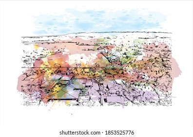 Building view with landmark of Bayawan is a city of Philippines. Watercolor splash with hand drawn sketch illustration in vector.
