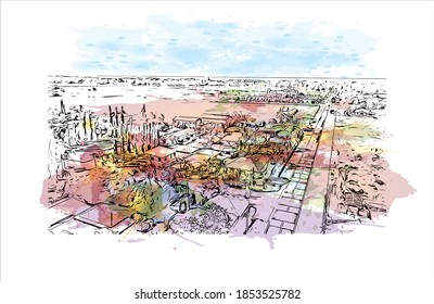 Building view with landmark of Bayawan is a city of Philippines. Watercolor splash with hand drawn sketch illustration in vector.