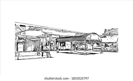 Building view with landmark of Bayawan is a city of Philippines. Hand drawn sketch illustration in vector.
