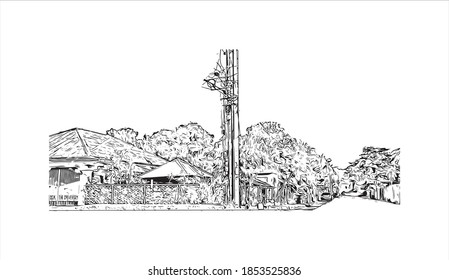 Building view with landmark of Bayawan is a city of Philippines. Hand drawn sketch illustration in vector.