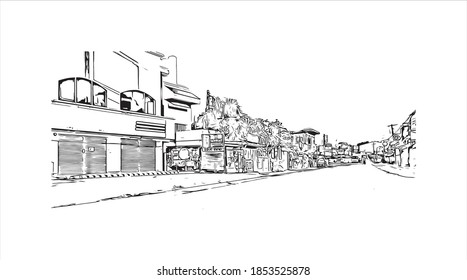 Building view with landmark of Bayawan is a city of Philippines. Hand drawn sketch illustration in vector.