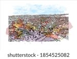 Building view with landmark of Beersheba is the largest city of southern Israel. Watercolour splash with hand drawn sketch illustration in vector.