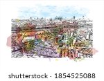 Building view with landmark of Beersheba is the largest city of southern Israel. Watercolour splash with hand drawn sketch illustration in vector.