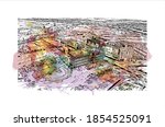 Building view with landmark of Beersheba is the largest city of southern Israel. Watercolour splash with hand drawn sketch illustration in vector.