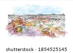 Building view with landmark of Beersheba is the largest city of southern Israel. Watercolour splash with hand drawn sketch illustration in vector.