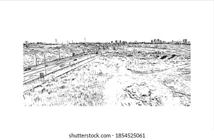 Building view with landmark of Beersheba is the largest city of southern Israel. Hand drawn sketch illustration in vector.