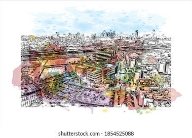 Building view with landmark of Beersheba is the largest city of southern Israel. Watercolour splash with hand drawn sketch illustration in vector.