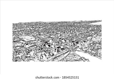 Building view with landmark of Beersheba is the largest city of southern Israel. Hand drawn sketch illustration in vector.
