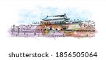 Building view with landmark of Beijing is the
capital of China. Watercolour splash with hand drawn sketch illustration in vector.