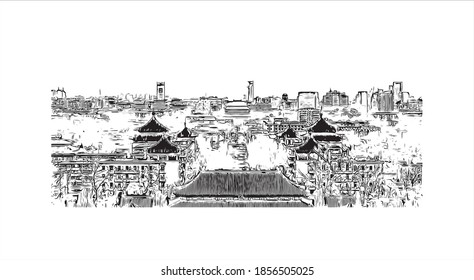 Building view with landmark of Beijing is the
capital of China. Hand drawn sketch illustration in vector.