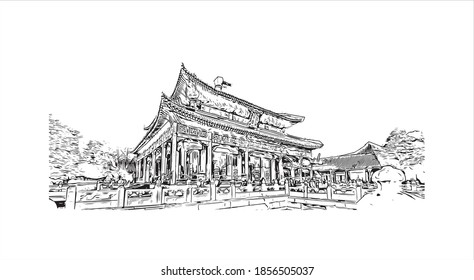 Building view with landmark of Beijing is the
capital of China. Hand drawn sketch illustration in vector.