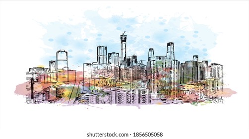Building view with landmark of Beijing is the
capital of China. Watercolour splash with hand drawn sketch illustration in vector.