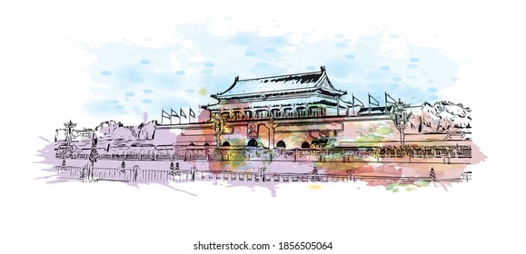 Building View With Landmark Of Beijing Is The
Capital Of China. Watercolour Splash With Hand Drawn Sketch Illustration In Vector.