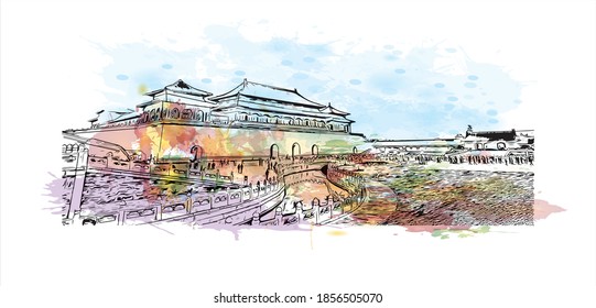 Building view with landmark of Beijing is the
capital of China. Watercolour splash with hand drawn sketch illustration in vector.