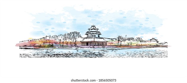 Building view with landmark of Beijing is the
capital of China. Watercolour splash with hand drawn sketch illustration in vector.