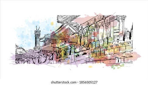 Building view with landmark of Beijing is the
capital of China. Watercolour splash with hand drawn sketch illustration in vector.