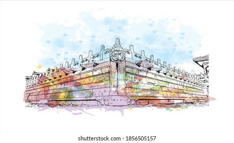 Building view with landmark of Beijing is the
capital of China. Watercolour splash with hand drawn sketch illustration in vector.