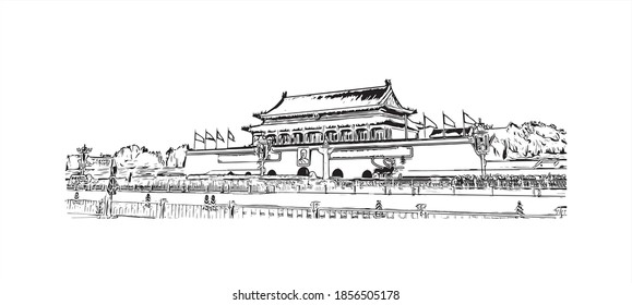 Building View With Landmark Of Beijing Is The
Capital Of China. Hand Drawn Sketch Illustration In Vector.