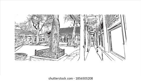 Building view with landmark of Beijing is the
capital of China. Hand drawn sketch illustration in vector.