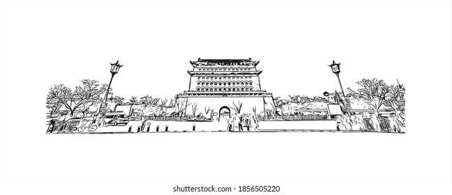 Building view with landmark of Beijing is the
capital of China. Hand drawn sketch illustration in vector.