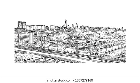 Building view with landmark of Beijing is the
capital of China. Hand drawn sketch illustration in vector. 