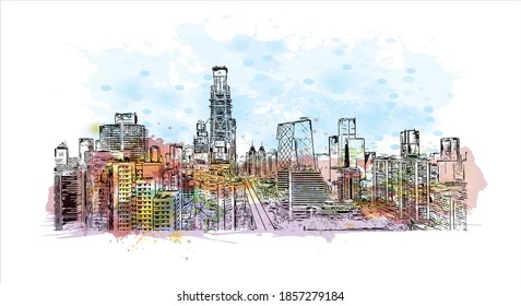 Building view with landmark of Beijing is the
capital of China. Watercolour splash with hand drawn sketch illustration in vector. 