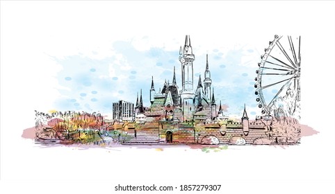 Building View With Landmark Of Beijing Is The
Capital Of China. Watercolour Splash With Hand Drawn Sketch Illustration In Vector. 