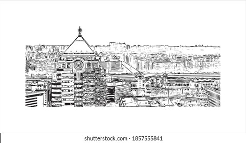 Building view with landmark of Beijing is the
capital of China. Hand drawn sketch illustration in vector.