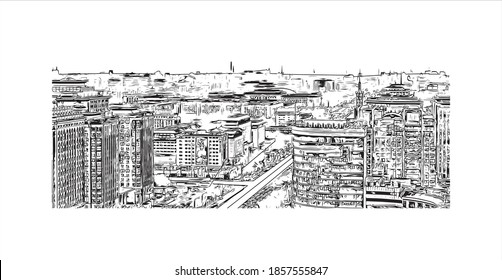 Building view with landmark of Beijing is the
capital of China. Hand drawn sketch illustration in vector.
