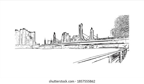 Die Aussicht auf das Gebäude mit Wahrzeichen von Peking ist die
Hauptstadt von China. Handgezeichnete Skizzengrafik in Vektorgrafik.