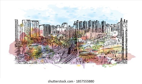 Building View With Landmark Of Beijing Is The
Capital Of China. Watercolour Splash With Hand Drawn Sketch Illustration In Vector.