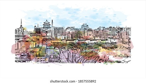 Building view with landmark of Beijing is the
capital of China. Watercolour splash with hand drawn sketch illustration in vector.