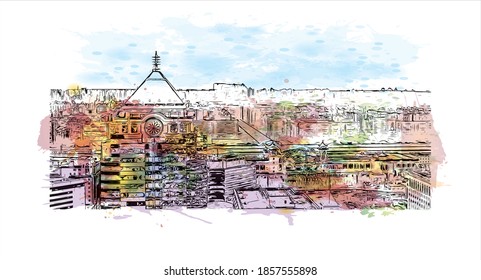 Building view with landmark of Beijing is the
capital of China. Watercolour splash with hand drawn sketch illustration in vector.