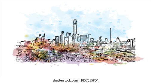 Building view with landmark of Beijing is the
capital of China. Watercolour splash with hand drawn sketch illustration in vector.