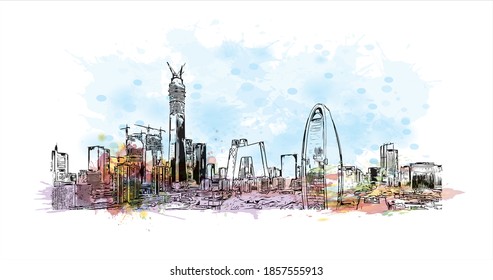 Building view with landmark of Beijing is the
capital of China. Watercolour splash with hand drawn sketch illustration in vector.