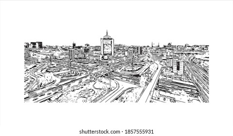 Building view with landmark of Beijing is the
capital of China. Hand drawn sketch illustration in vector.