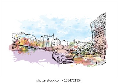 Building view with landmark of Beirut is the capital and largest city of Lebanon. Watercolour splash with hand drawn sketch illustration in vector.