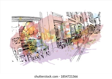 Building view with landmark of Beirut is the capital and largest city of Lebanon. Watercolour splash with hand drawn sketch illustration in vector.