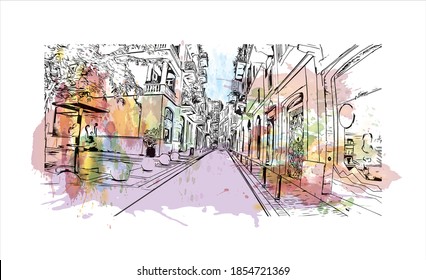 Building view with landmark of Beirut is the capital and largest city of Lebanon. Watercolour splash with hand drawn sketch illustration in vector.