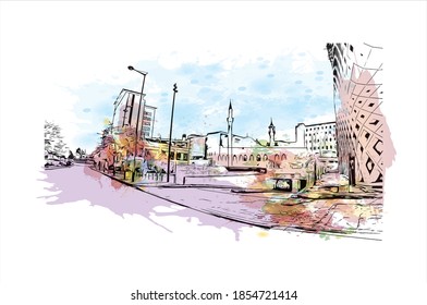 Building view with landmark of Beirut is the capital and largest city of Lebanon. Watercolour splash with hand drawn sketch illustration in vector.