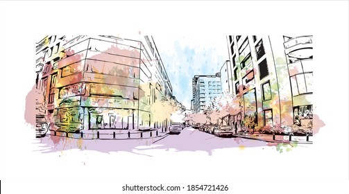 Building view with landmark of Beirut is the capital and largest city of Lebanon. Watercolour splash with hand drawn sketch illustration in vector.