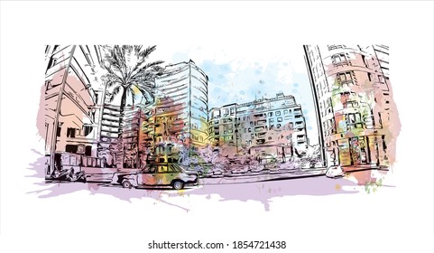 Building view with landmark of Beirut is the capital and largest city of Lebanon. Watercolour splash with hand drawn sketch illustration in vector.