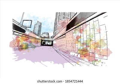 Building view with landmark of Beirut is the capital and largest city of Lebanon. Watercolour splash with hand drawn sketch illustration in vector.