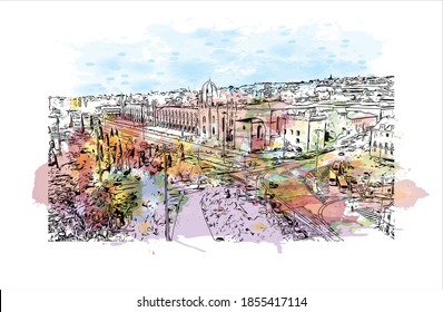 Building view with landmark of Belem is the capital of Para. Watercolour splash with hand drawn sketch illustration in vector.