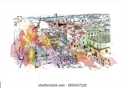 Building view with landmark of Belem is the capital of Para. Watercolour splash with hand drawn sketch illustration in vector.