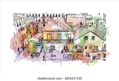 Building view with landmark of Belem is the capital of Para. Watercolour splash with hand drawn sketch illustration in vector.